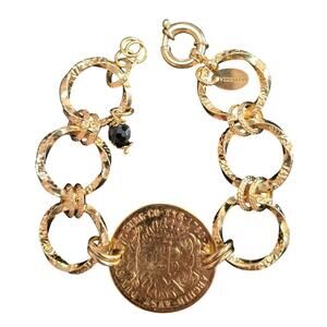 Bellezza Goldtone Large Link Bracelet with Faux Coin & Black Crystal Dangle